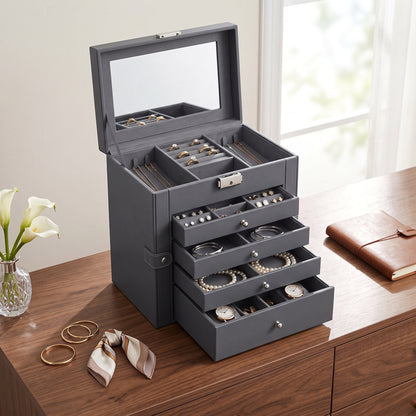 Six-Tier Jewelry Box with Built-In Mirror and Locking Closure