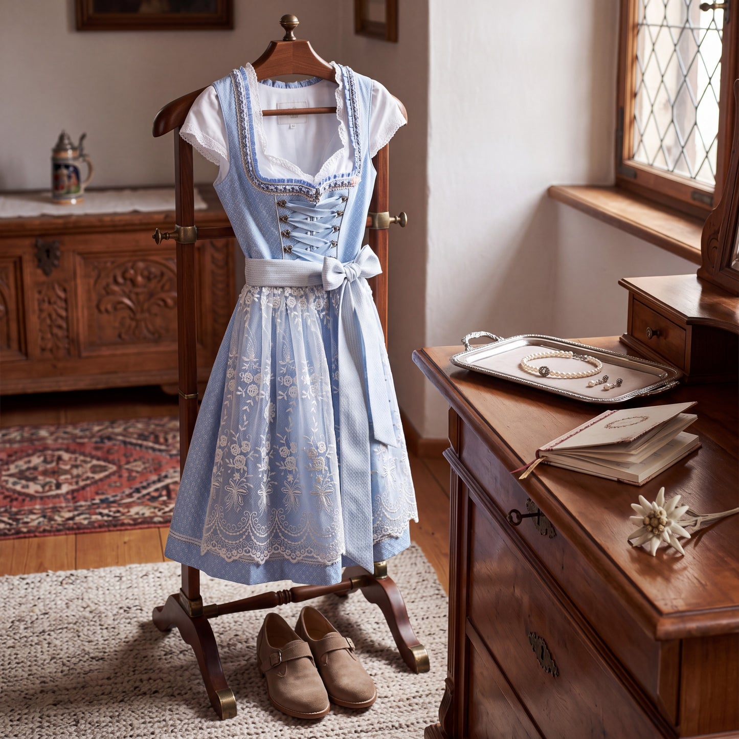 Traditional Dirndl Dress with Adjustable Bodice Lacing and Hand Embroidery