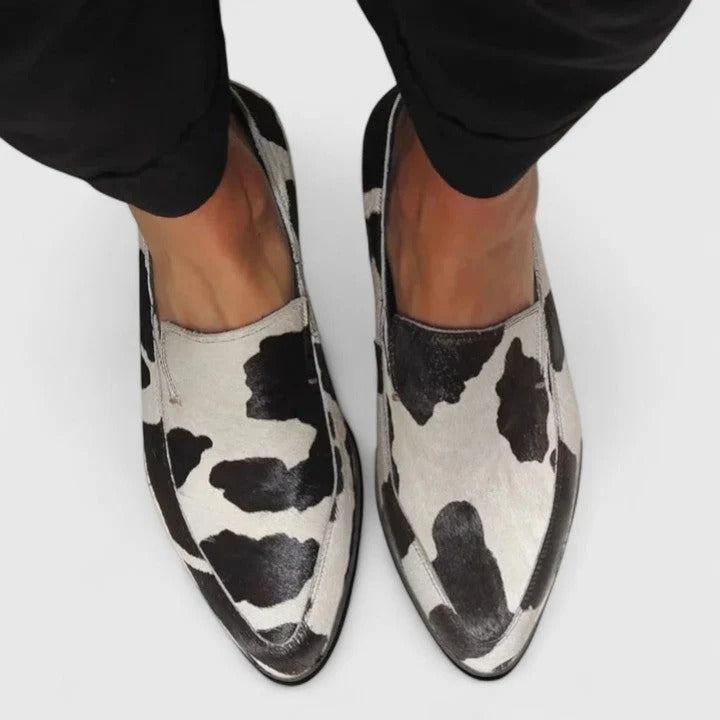 Women's Pointed-Toe Loafers with Cow Print Upper and Slip-On Design
