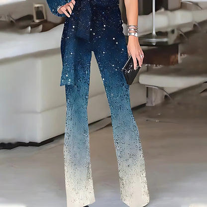 Ombre Disco Jumpsuit with One-Shoulder Neckline and Wide-Leg Flares