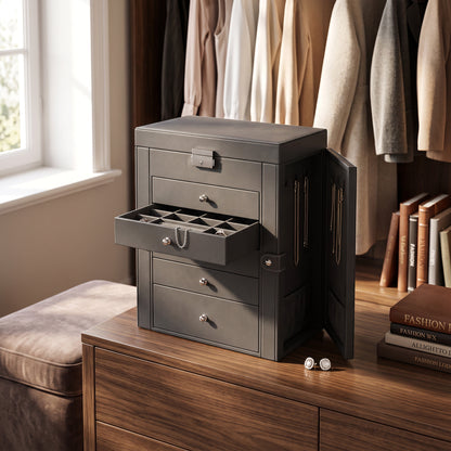Six-Tier Jewelry Box with Built-In Mirror and Locking Closure