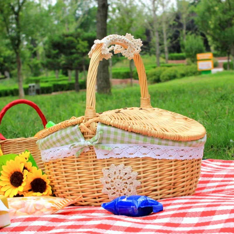 Oval Wicker Basket with Dual Lids and Removable Cotton Liner