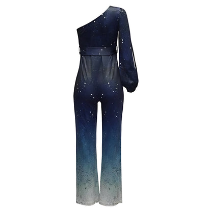 Ombre Disco Jumpsuit with One-Shoulder Neckline and Wide-Leg Flares