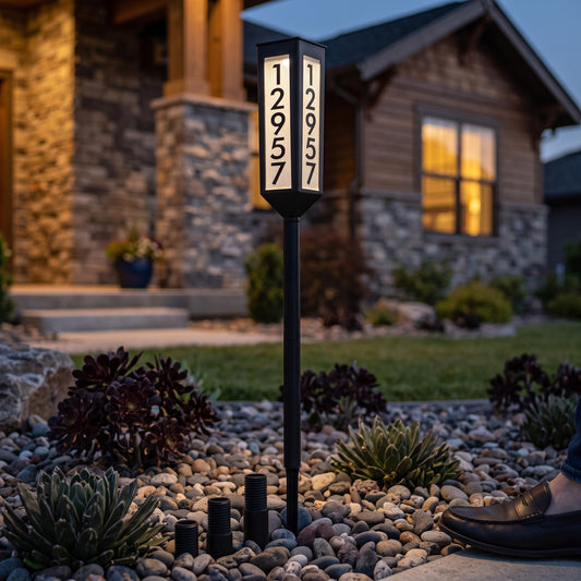 Solar Address Stake with Automatic Dusk Sensor and Adjustable Height, Customizable Number Stickers