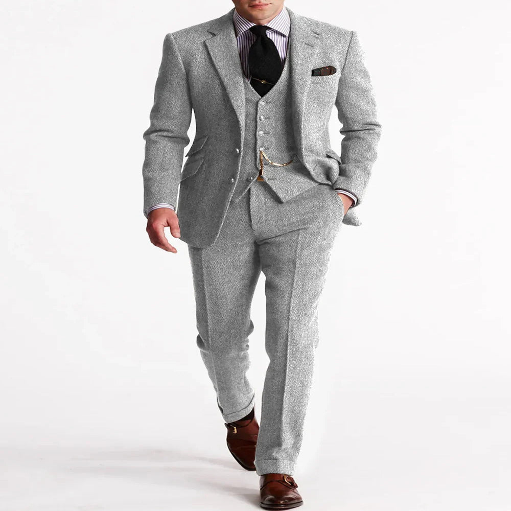 Men's Tweed Tuxedo Jacket with Flat Front Trousers for Formal Events