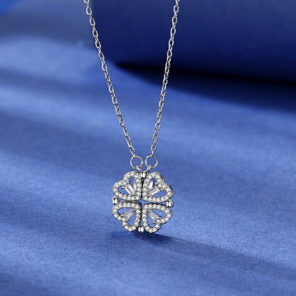 Four Heart Clover Pendant with Adjustable Chain and Preserved Roses