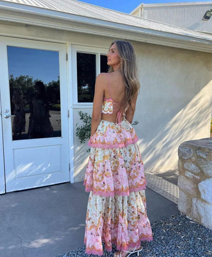 Tiered Maxi Dress with Floral Print and Loose Fit