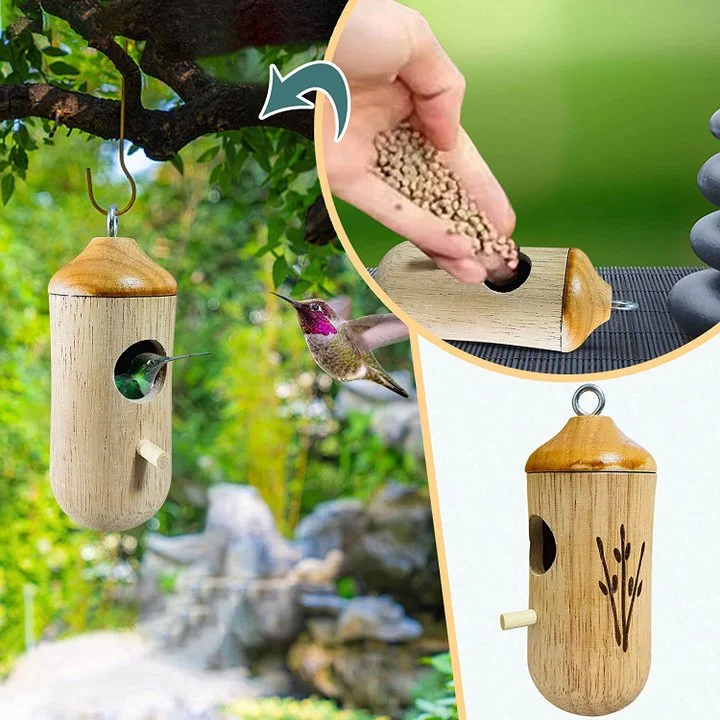 Hummingbird Nesting House with Hanging Loop and Wood Grain Finish, 3.1x3.1x5.9in