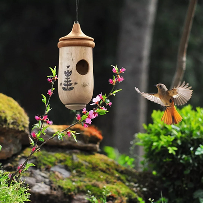 Hummingbird Nesting House with Hanging Loop and Wood Grain Finish, 3.1x3.1x5.9in