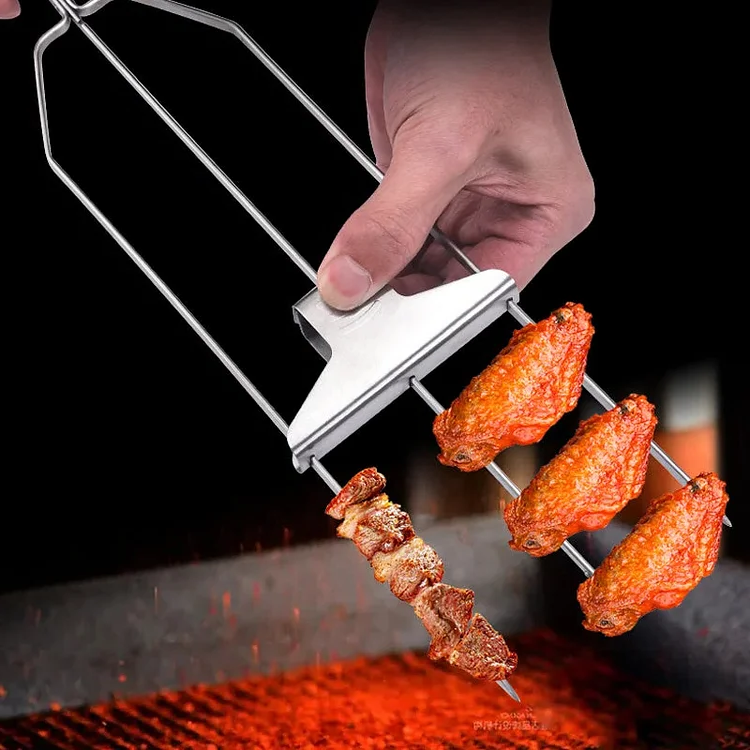 Multi-Prong Grill Skewer with Pull Release Button and Even Heat Distribution
