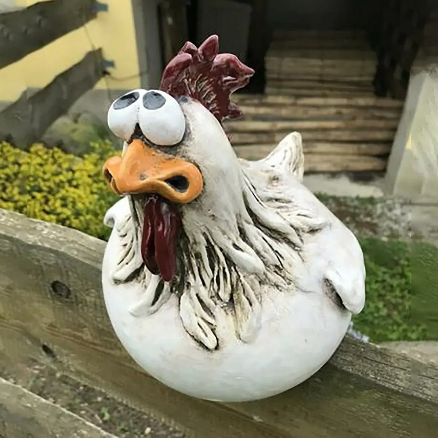 Resin Chicken Garden Statue with Freestanding Base and Painted Details