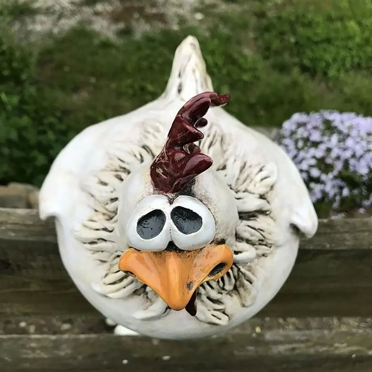 Resin Chicken Garden Statue with Freestanding Base and Painted Details