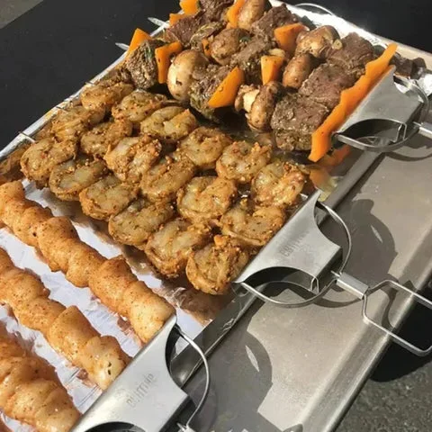 Multi-Prong Grill Skewer with Pull Release Button and Even Heat Distribution