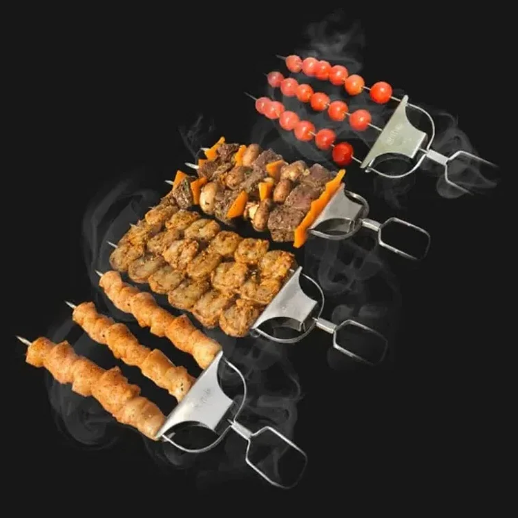 Multi-Prong Grill Skewer with Pull Release Button and Even Heat Distribution
