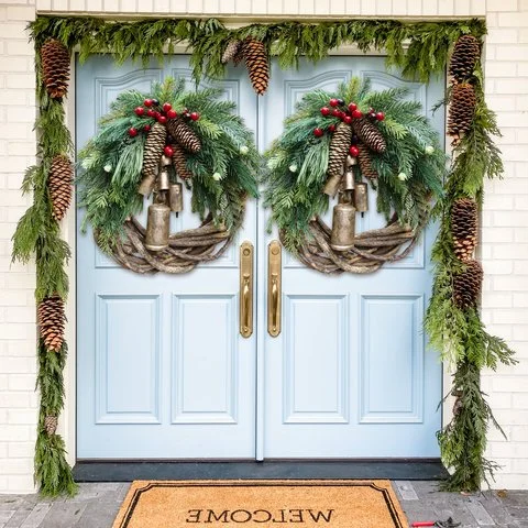 Rustic Vine Wreath with Golden Bells and Pinecones, 17 Inch