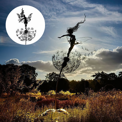 Steel Fairy Garden Sculpture with Dandelion Silhouette and Ground Stake