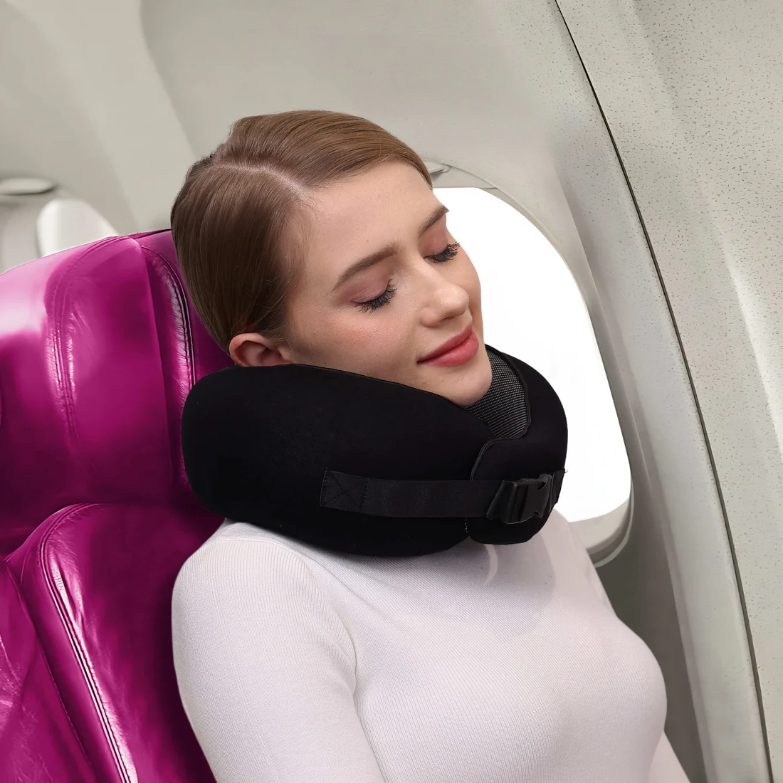 Contoured Neck Pillow with Snap Closure and Sleep Kit for Travel