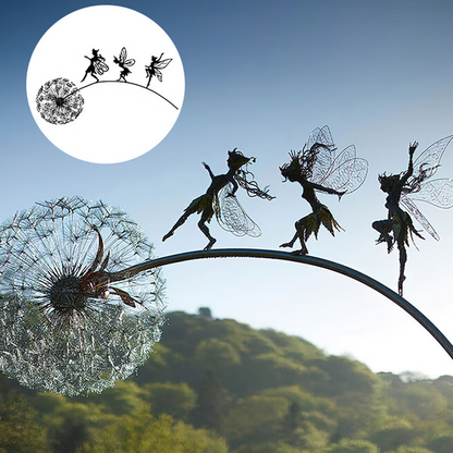 Steel Fairy Garden Sculpture with Dandelion Silhouette and Ground Stake