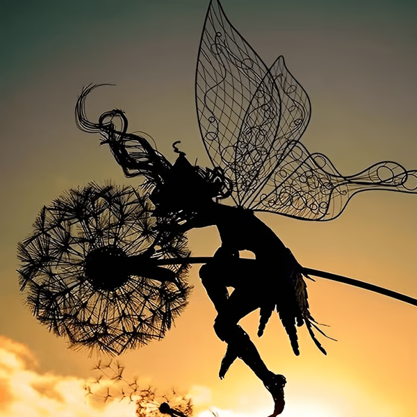 Steel Fairy Garden Sculpture with Dandelion Silhouette and Ground Stake