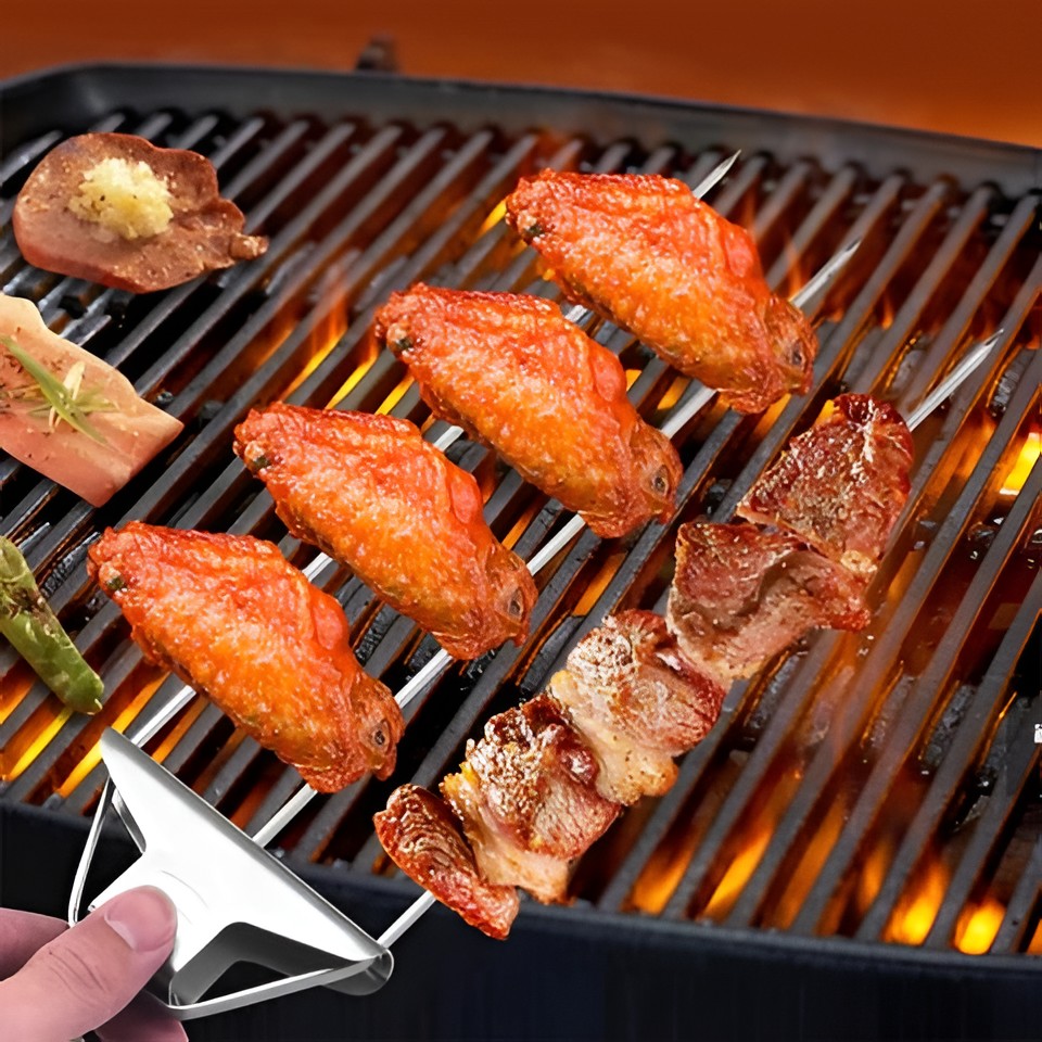 Multi-Prong Grill Skewer with Pull Release Button and Even Heat Distribution