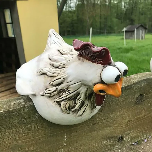 Resin Chicken Garden Statue with Freestanding Base and Painted Details
