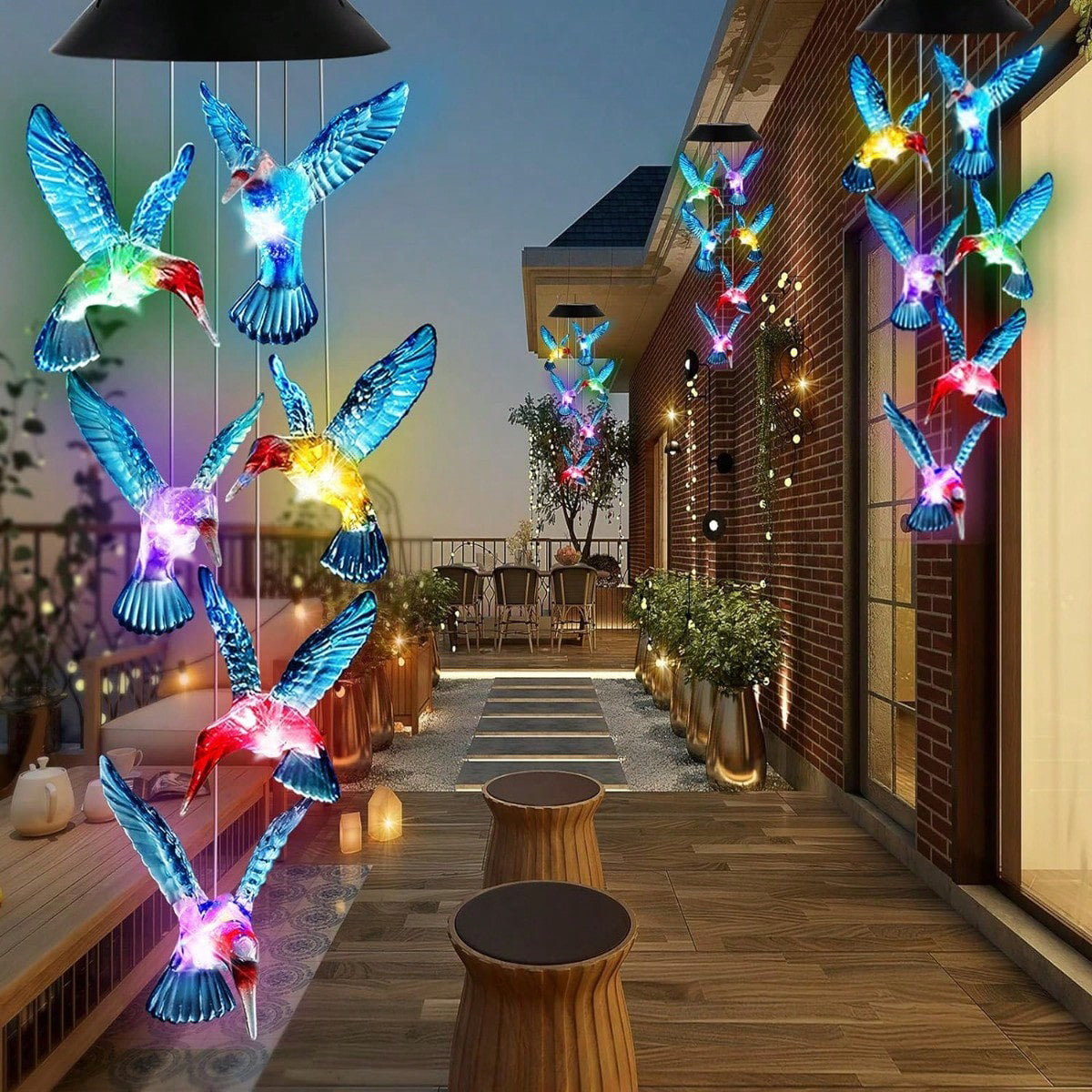 Solar LED Wind Chime Lantern with Hummingbird Design and Color Changing Light