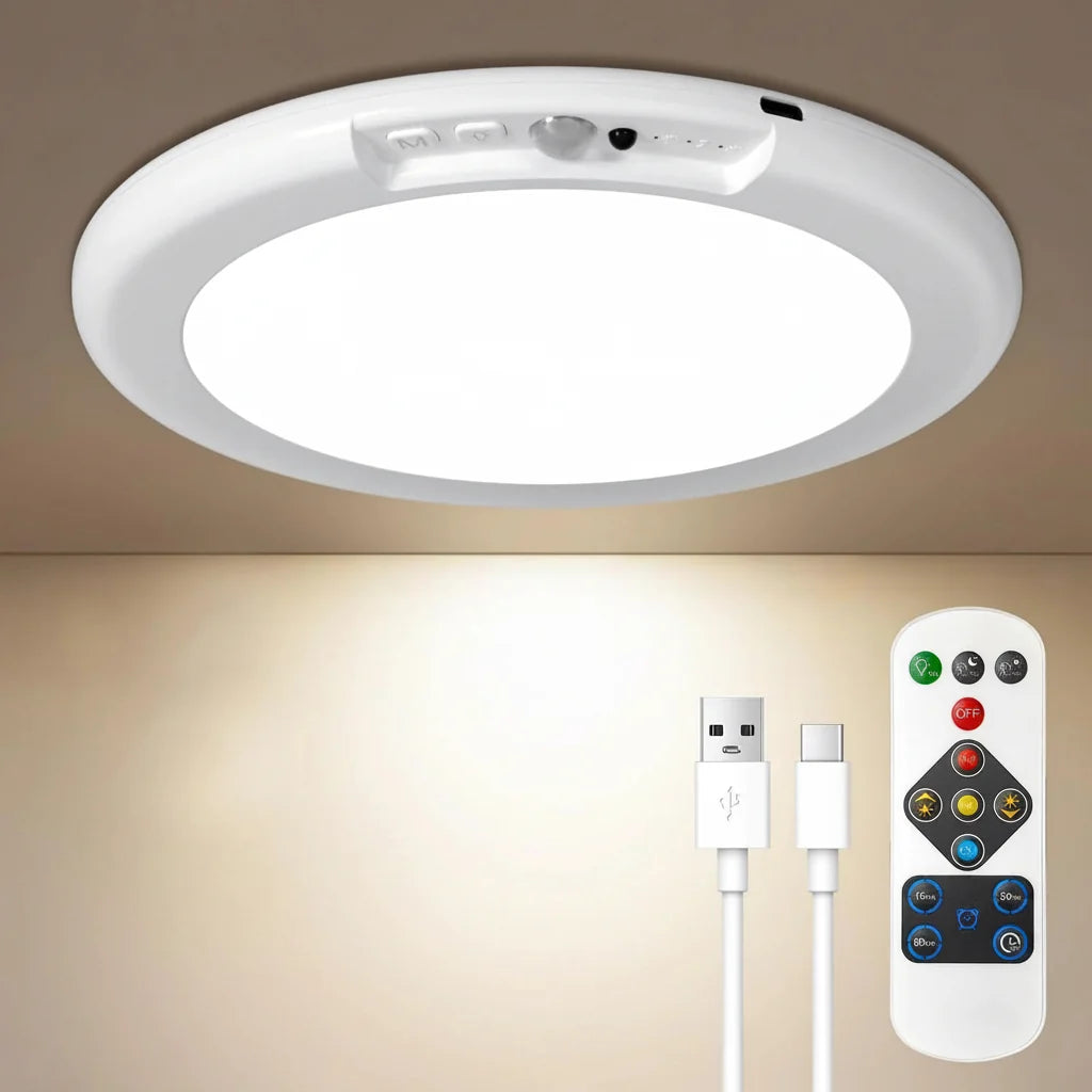 Motion Sensor LED Ceiling Light with Remote Control and Adjustable Brightness, Rechargeable
