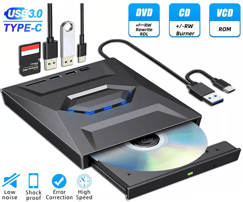 Portable USB CD DVD Burner and Player with SD Card and USB Hub for PC and Mac