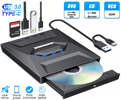 Portable USB CD DVD Burner and Player with SD Card and USB Hub for PC and Mac