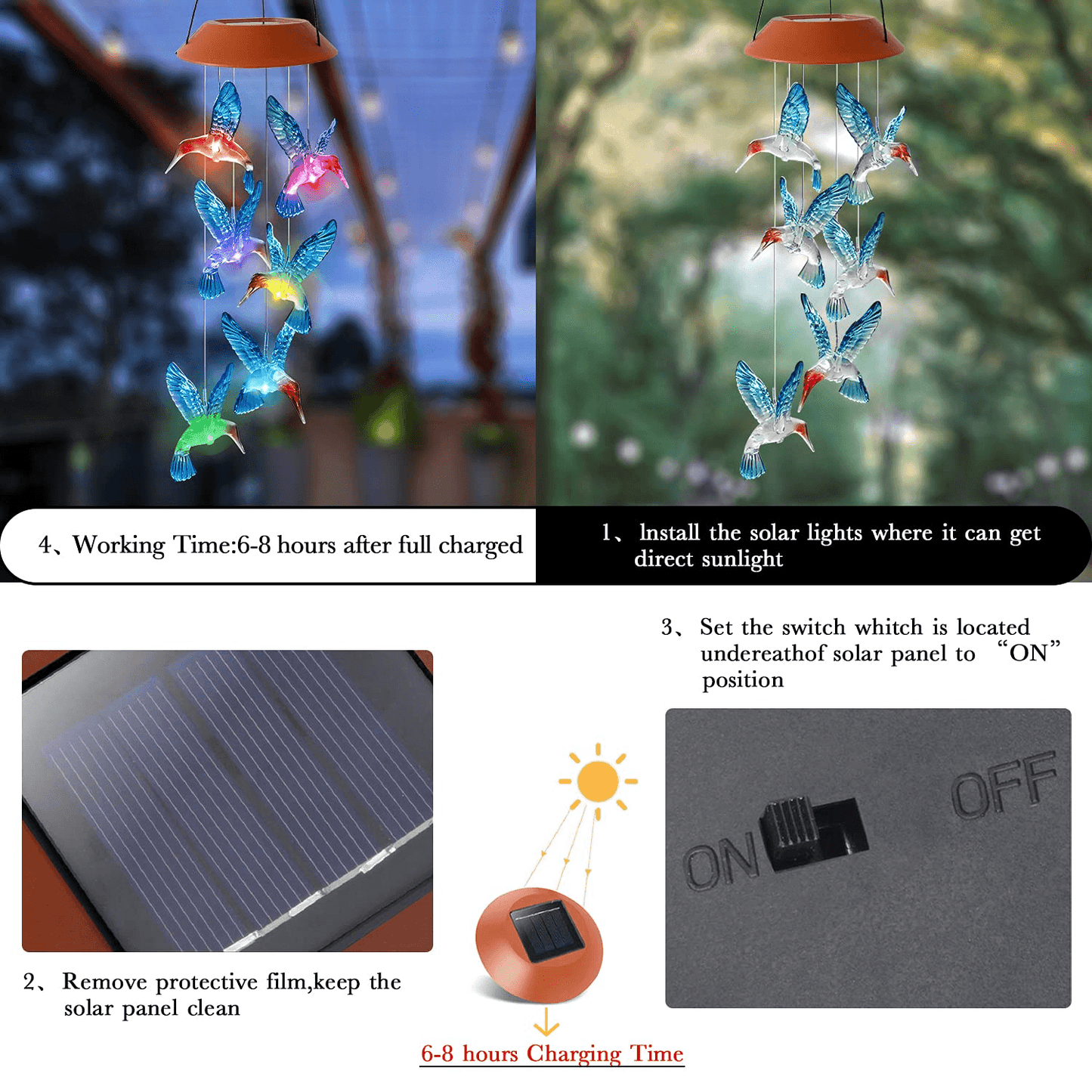Solar LED Wind Chime Lantern with Hummingbird Design and Color Changing Light