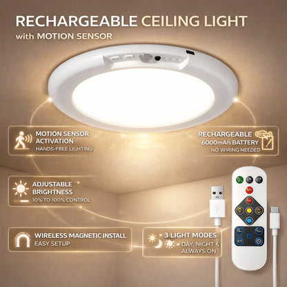 Motion Sensor LED Ceiling Light with Remote Control and Adjustable Brightness, Rechargeable