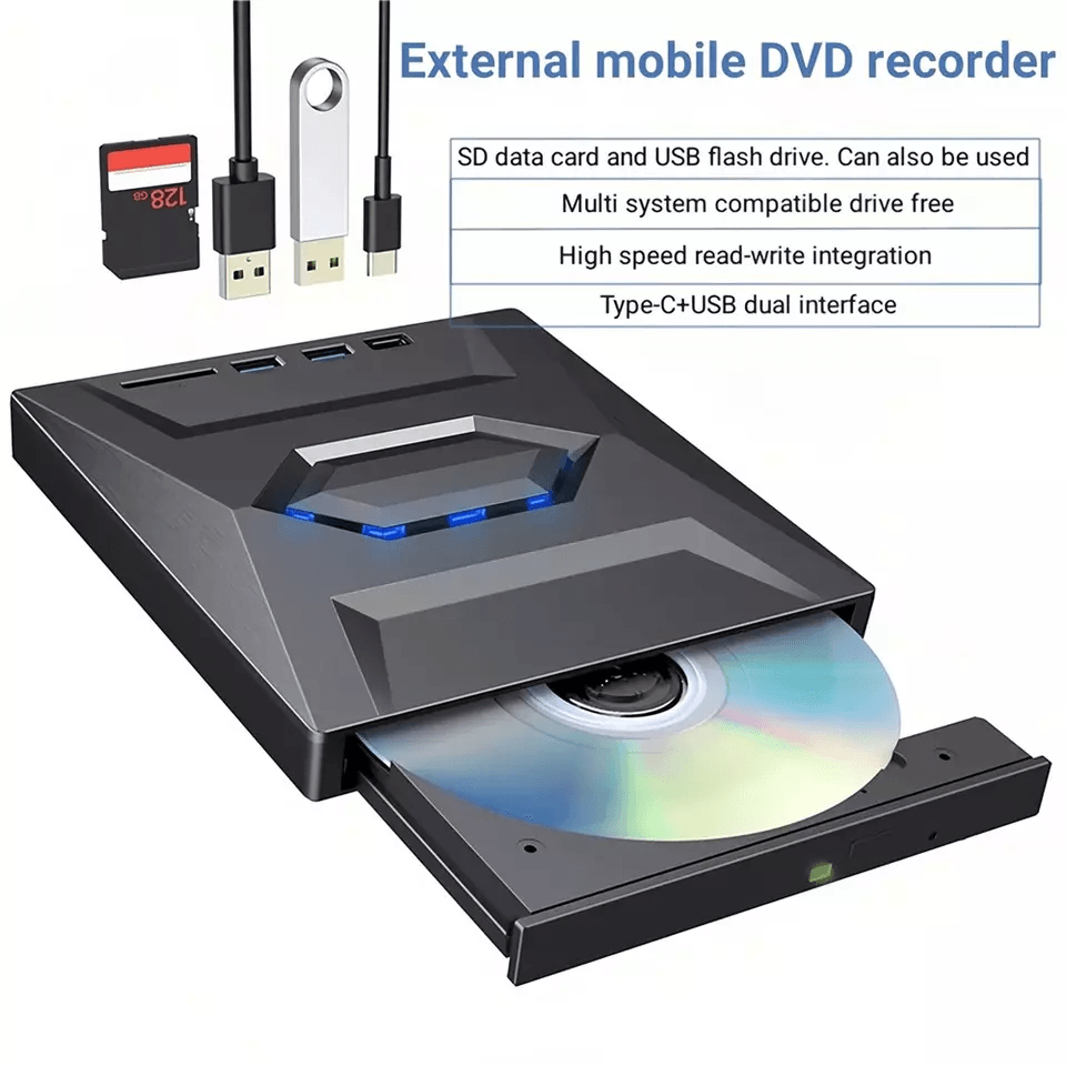 Portable USB CD DVD Burner and Player with SD Card and USB Hub for PC and Mac