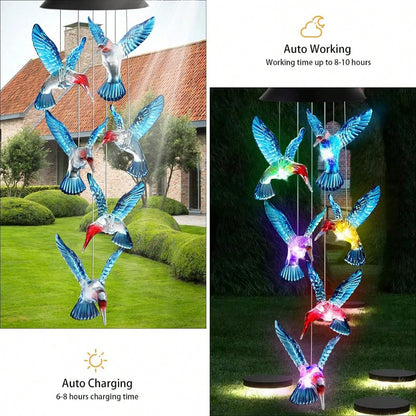 Solar LED Wind Chime Lantern with Hummingbird Design and Color Changing Light