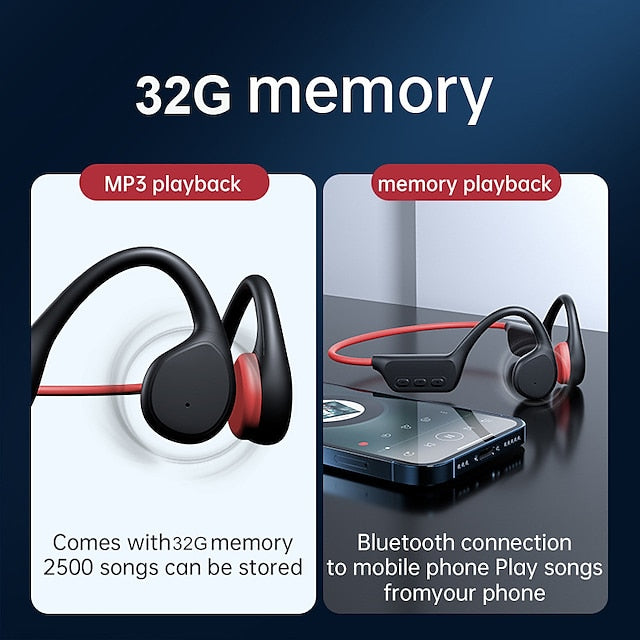 Bone Conduction Bluetooth Earphones with 32GB Memory, IPX8 Waterproof Ear Hook Design and Microphone for Swimming