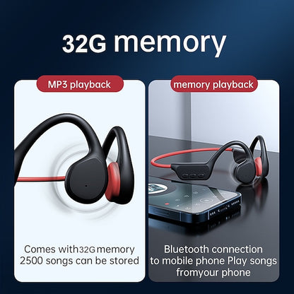 Bone Conduction Bluetooth Earphones with 32GB Memory, IPX8 Waterproof Ear Hook Design and Microphone for Swimming