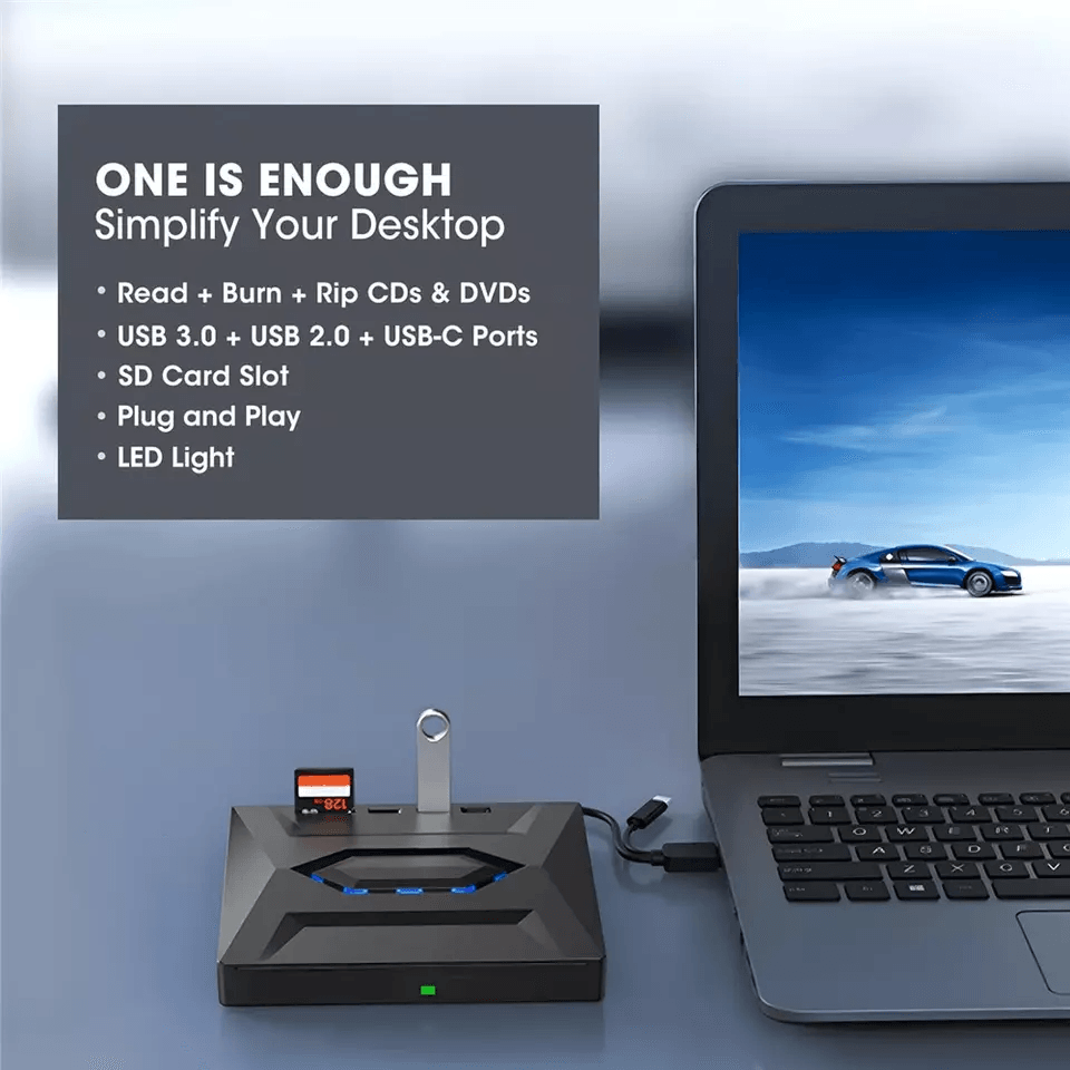 Portable USB CD DVD Burner and Player with SD Card and USB Hub for PC and Mac