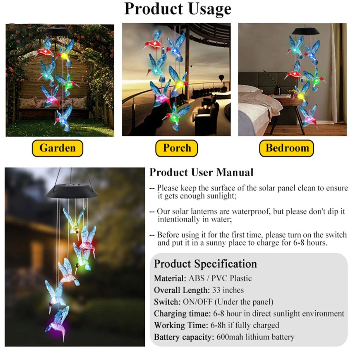 Solar LED Wind Chime Lantern with Hummingbird Design and Color Changing Light