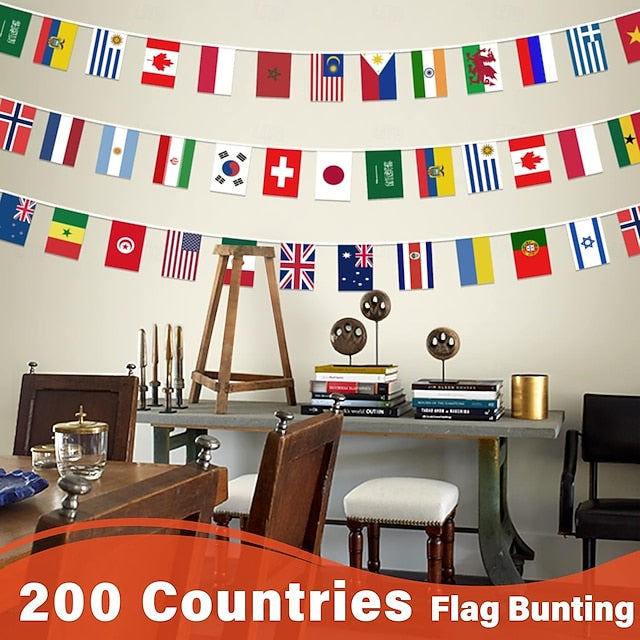 International Flag Bunting Banner with 200 Country Flags, 184 ft String Decoration for Sports Events and Classrooms