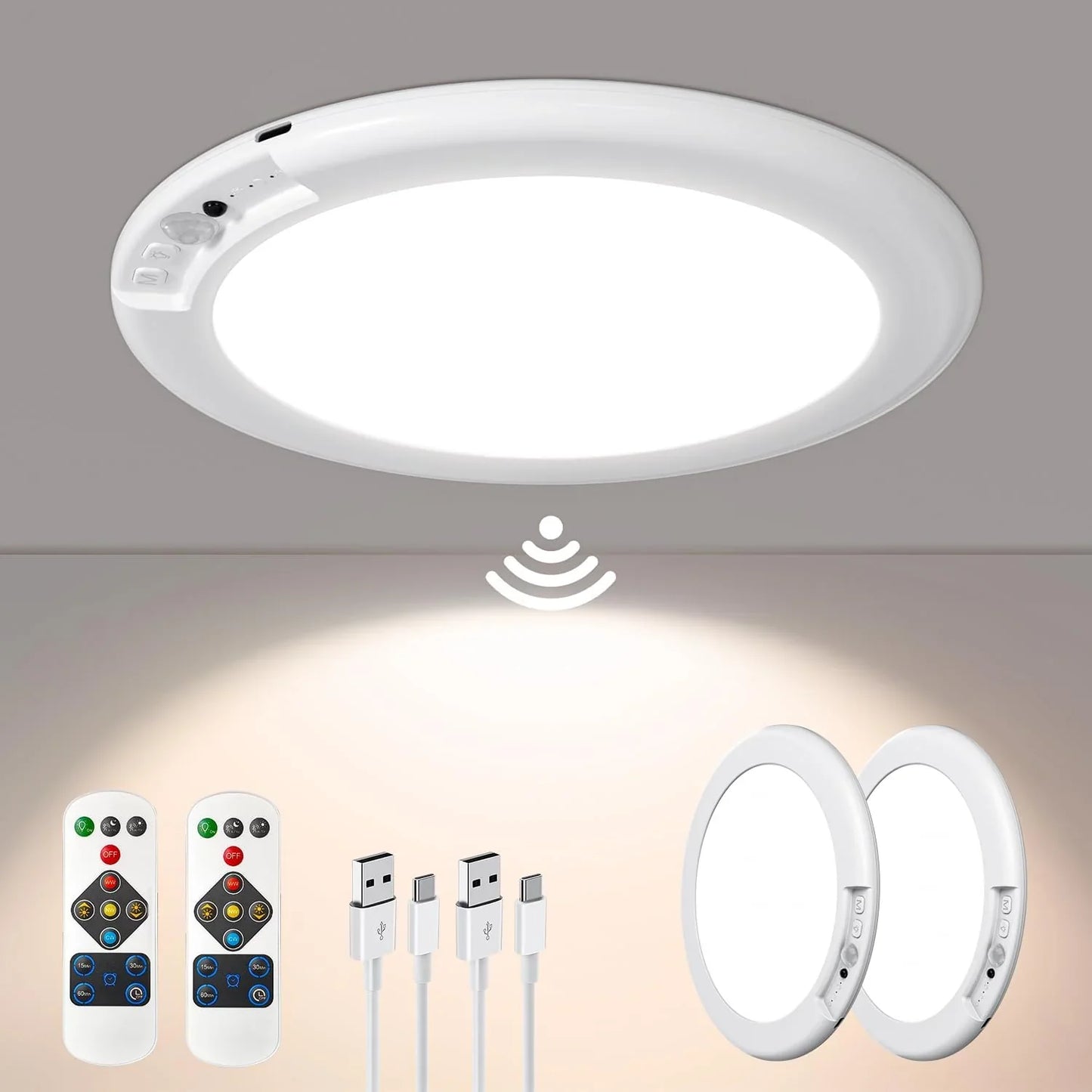 Motion Sensor LED Ceiling Light with Remote Control and Adjustable Brightness, Rechargeable