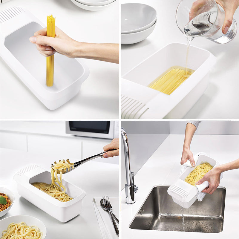 Dishwasher Safe Microwave Pasta Cooker with Built In Strainer for Spaghetti and Vegetables