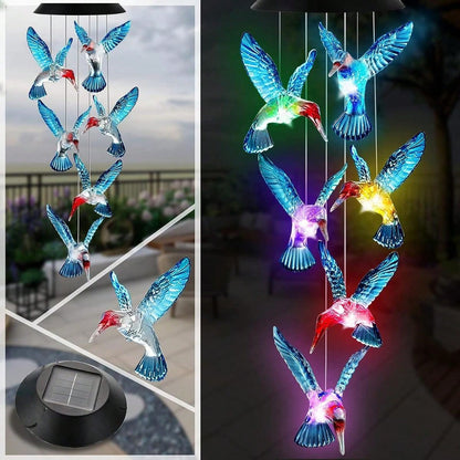 Solar LED Wind Chime Lantern with Hummingbird Design and Color Changing Light