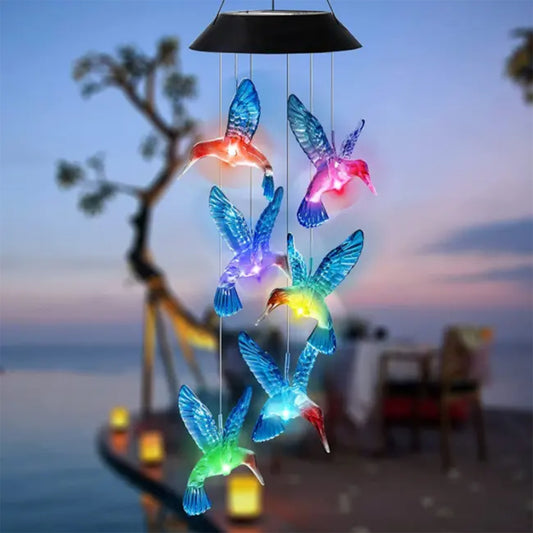 Solar LED Wind Chime Lantern with Hummingbird Design and Color Changing Light