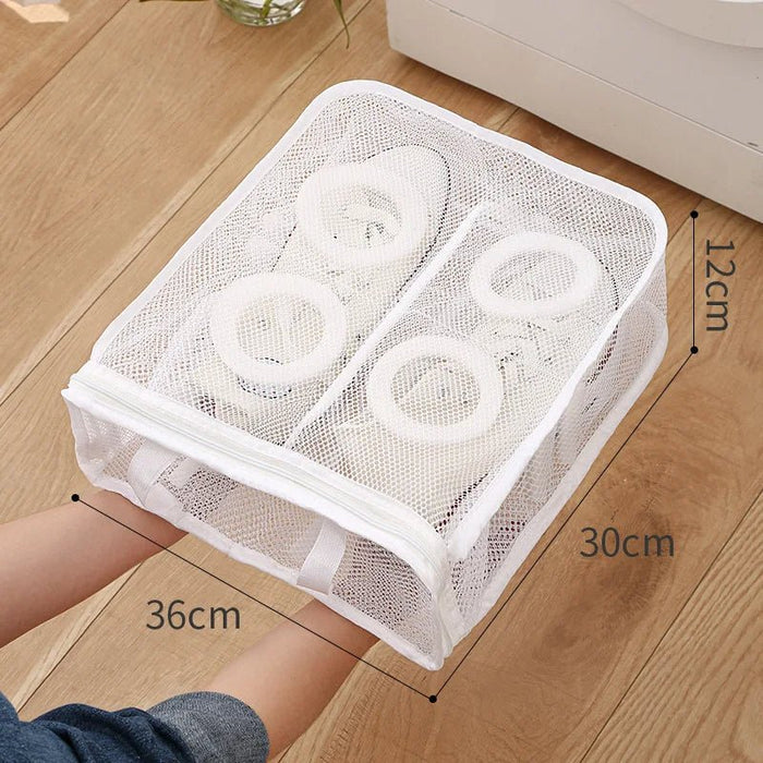 Zippered Mesh Shoe Washing Bag with Rubber Coated Zipper and Shape Protection