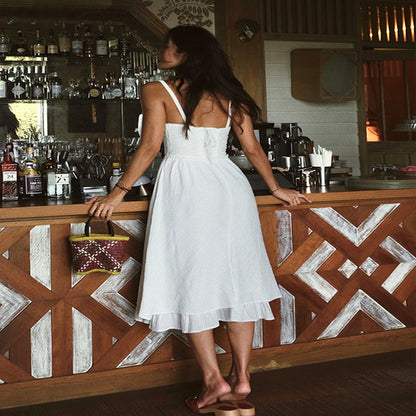 Sleeveless Midi Dress with Low Cut Neckline and Cotton Blend Fabric