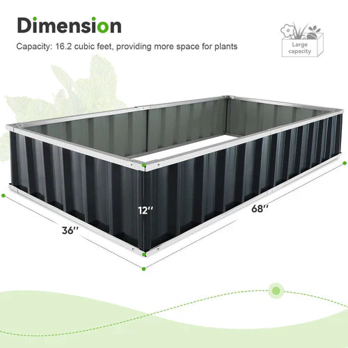 Raised Garden Bed with Galvanized Steel Frame and Tool-Free Assembly, 68x35.5x12in