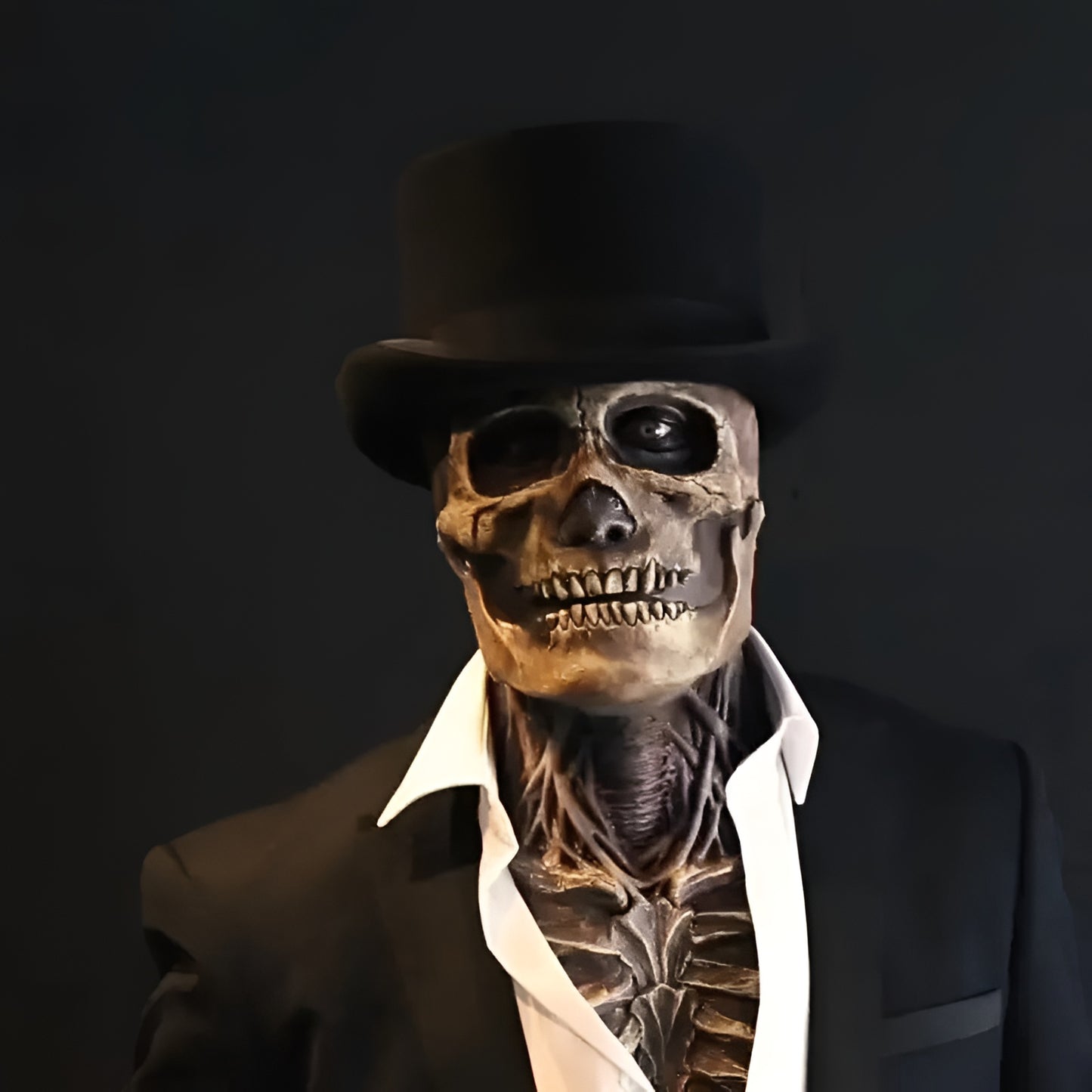 Skeleton Costume with Latex Skull Mask and Matching Hat - Full Body Print