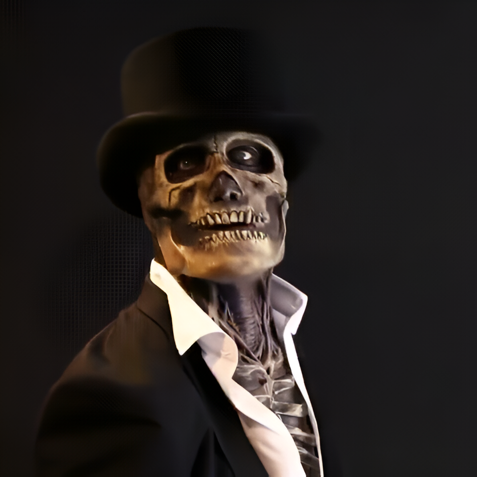 Skeleton Costume with Latex Skull Mask and Matching Hat - Full Body Print