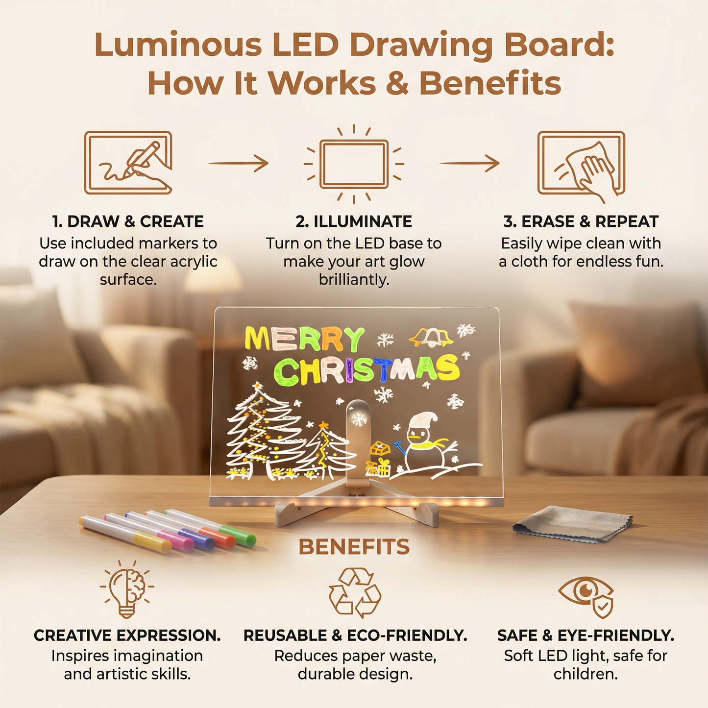 LED Drawing Board with Reusable Surface and USB Power for Kids