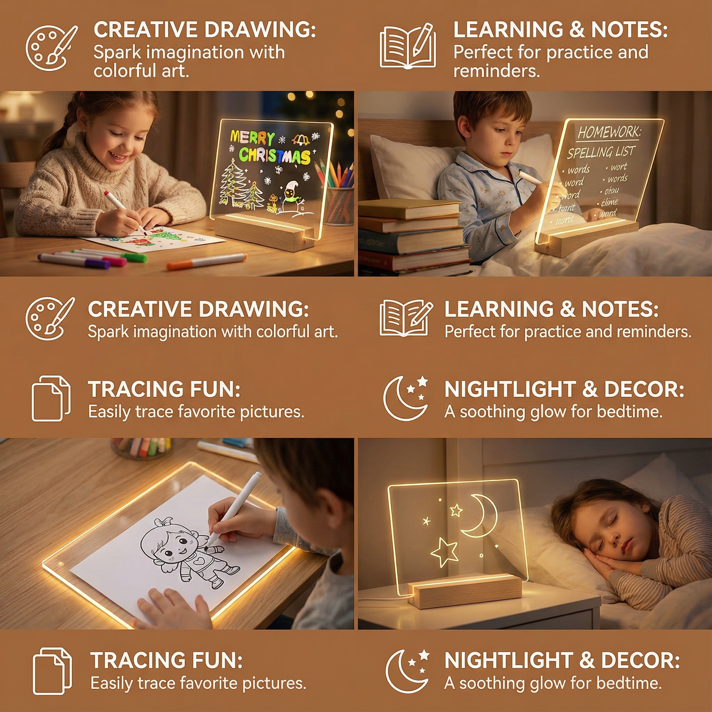 LED Drawing Board with Reusable Surface and USB Power for Kids