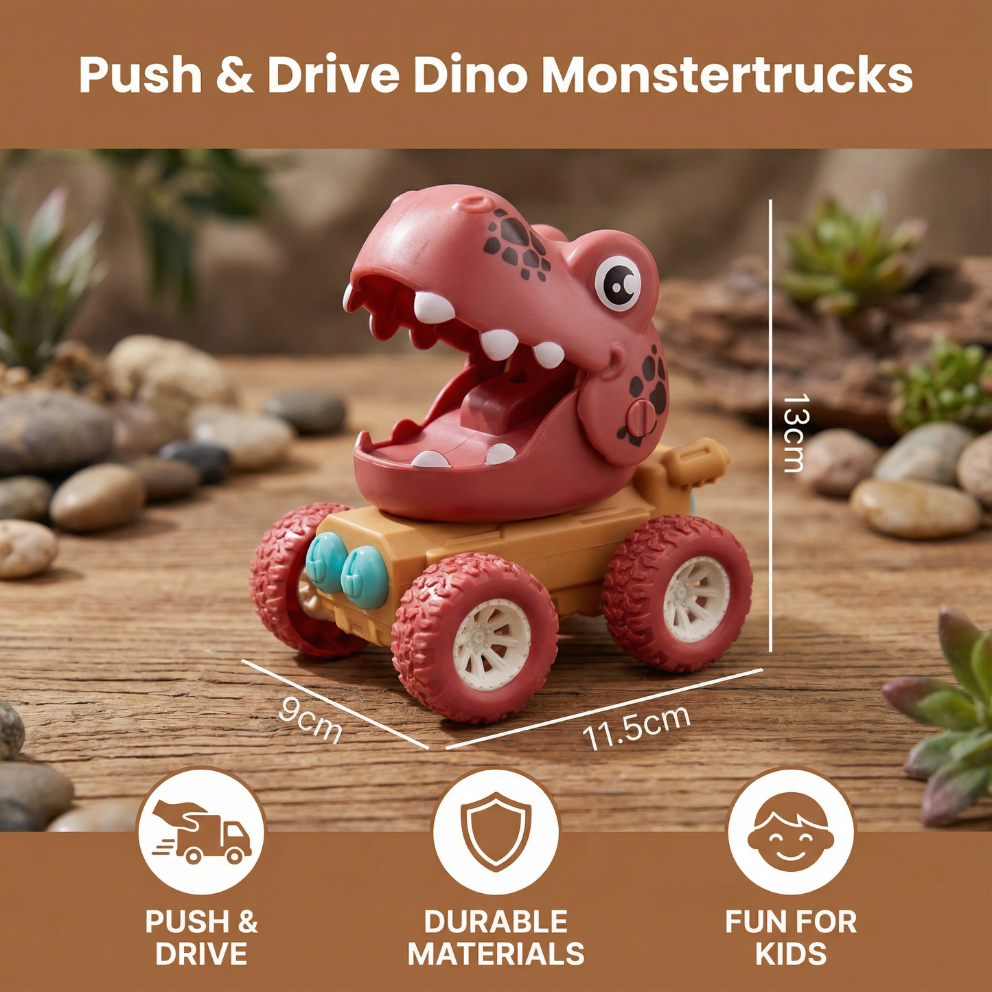 Dinosaur Monster Truck with Push Forward Motion and Sturdy Rolling Wheels
